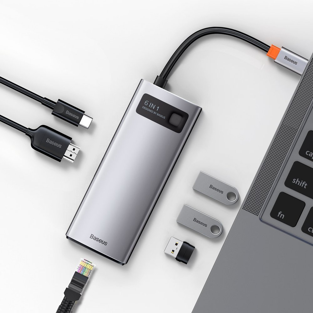 Adaptador Baseus Metal Gleam Series USB-C 6-em-1 (HDMI + USB-A 3.2 + USB-C 100W + RJ45) Cinza 4
